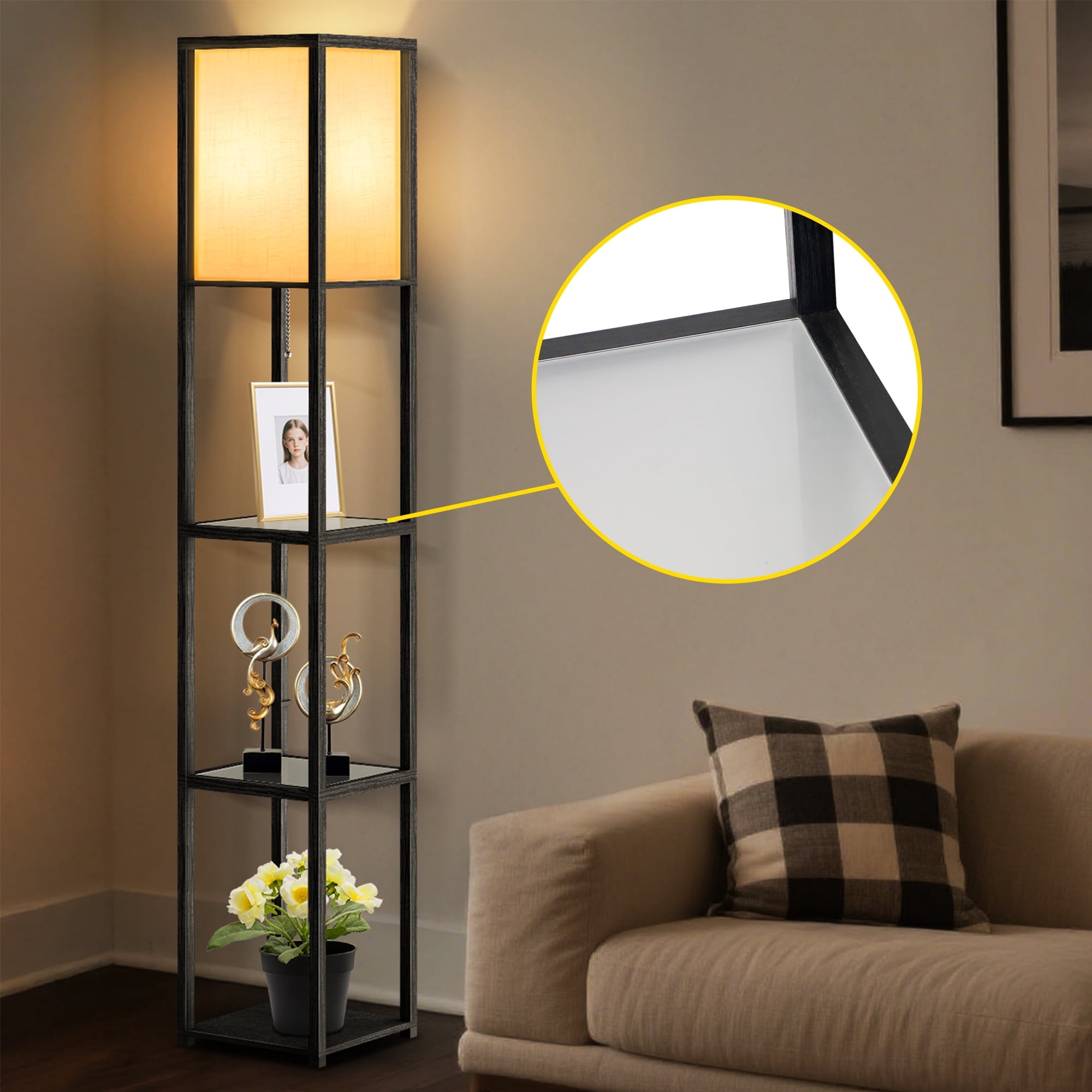 OUTON 65'' Floor Lamps with Shelves, Home Standing Lamp, Include 1080 Lumens Lighting Bulbs, Shelf Floor Lamp, Black Floor Lamps for Living Room, Bedroom, Lamp with Storage Dustproof