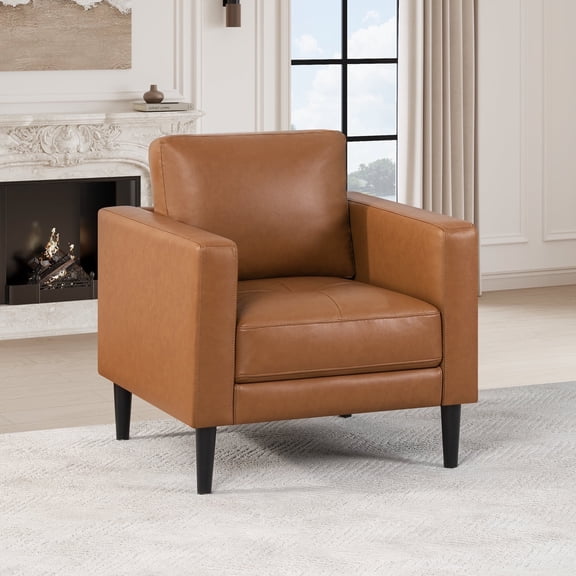 Naomi Home Velonie Air Leather Mid-Century Accent Chair, Removable Cushion, Matching Bolster Pillow, Supportive Seating, Solid Wood Frame, Stylish Accent Chair, Tan