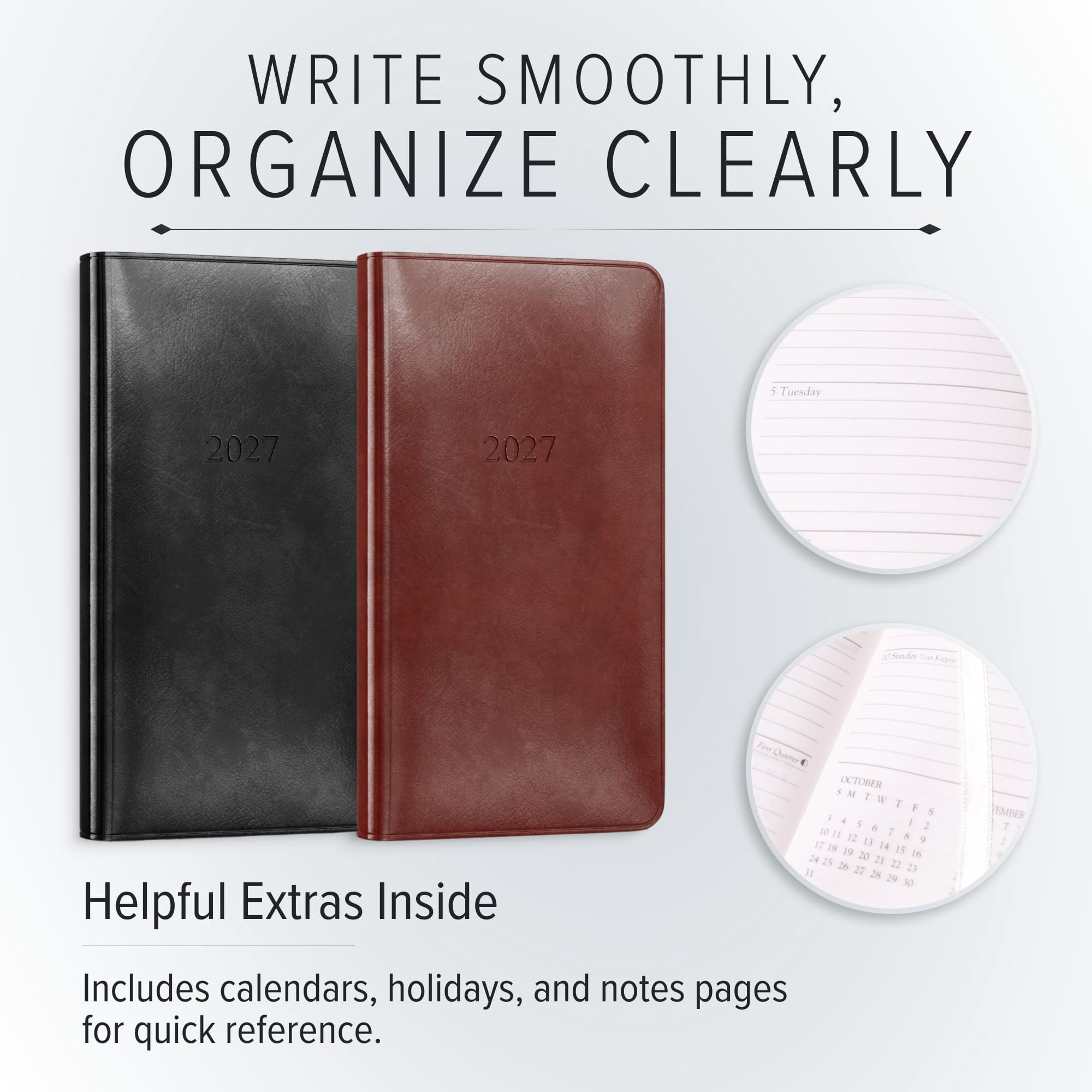 Gallery Leather Pocket Weekly Monthly Planner 2027, Elegantly Bound Calendar Planner and Notebook with Stylish Gold-Gilded Page Edges, 12 Months - Acadia Lime - 6x3.25"