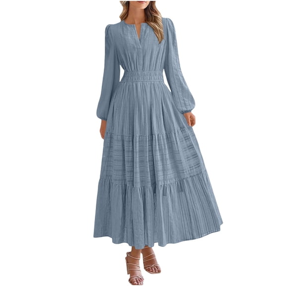 Womens Summer 2026 Casual Maxi Dresses - Long Sleeve V Neck Elastic Waist Tiered Lightweight Boho Beach Dress with Pockets