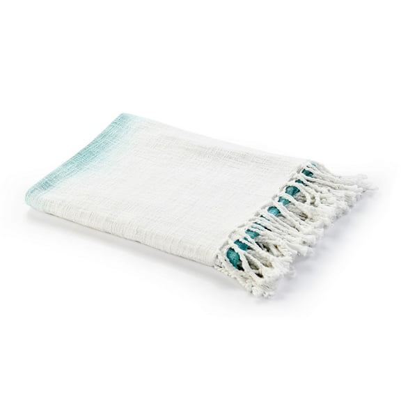 Laddha Home Designs Blue and White Slab Hand Woven Throw Blanket with Fringes 50" x 60"
