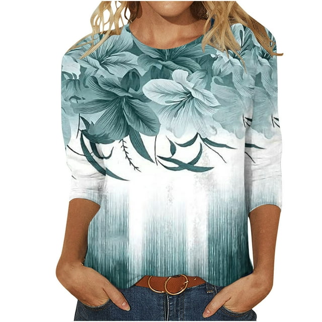 Pisexur Hauts pour Femmes Grande Taille Mode Chemises 3/4 Automne Décontractées Blouses à Col Rond Mignonnes à Imprimé Floral Tuniques Amples