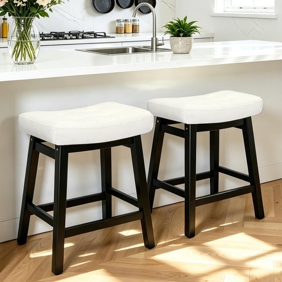 Counter Height Bar Stools Set of 2 for Kitchen Counter, Backless Farmhouse Kitchen Island Barstools with Fabric Saddle Seat and Solid Wood Legs Modern 24 inch Bar Chairs, Black Cream White