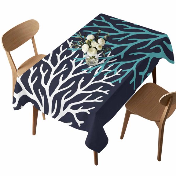 Rectangle Tablecloth, Nautical Ocean Coral Navy Blue Waterproof Table Cloth 60x84 in Summer Beach Washable Spillproof Table Cover for Kitchen Dining Party Decor Outdoor Camping