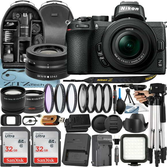 Nikon Z50 Mirrorless Camera with NIKKOR Z DX 16-50mm VR Lens + 2 Pack 32GB SanDisk Card + Case + Tripod + ZeeTech Accessory Bundle