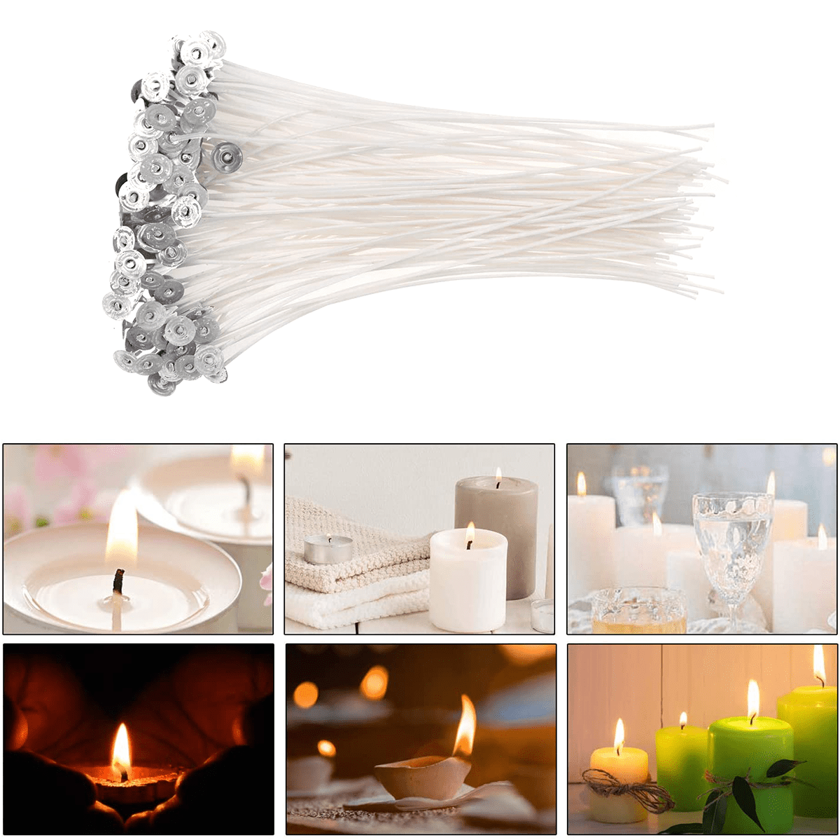 50 Pieces Metal Base 100 Pieces Candle Wick Cotton and Smoke-Free 8 Inches 50 Pieces White Round Sticker for Candle DIY Making 