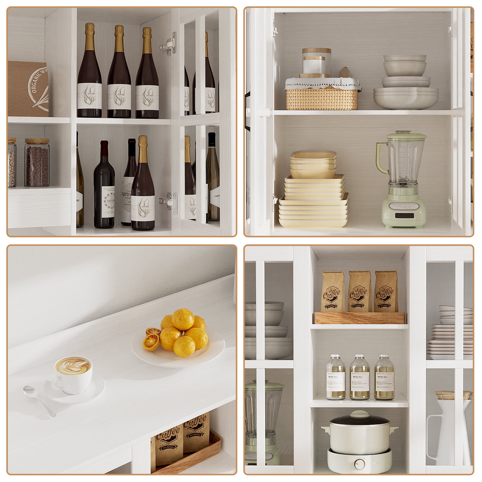 RichYa Pantry Cabinet with Hutch,Kitchen Storage Cabinet with Doors and Shelves,Coffee Bar with 59"Wide Countertop for Dining Room,White(X)