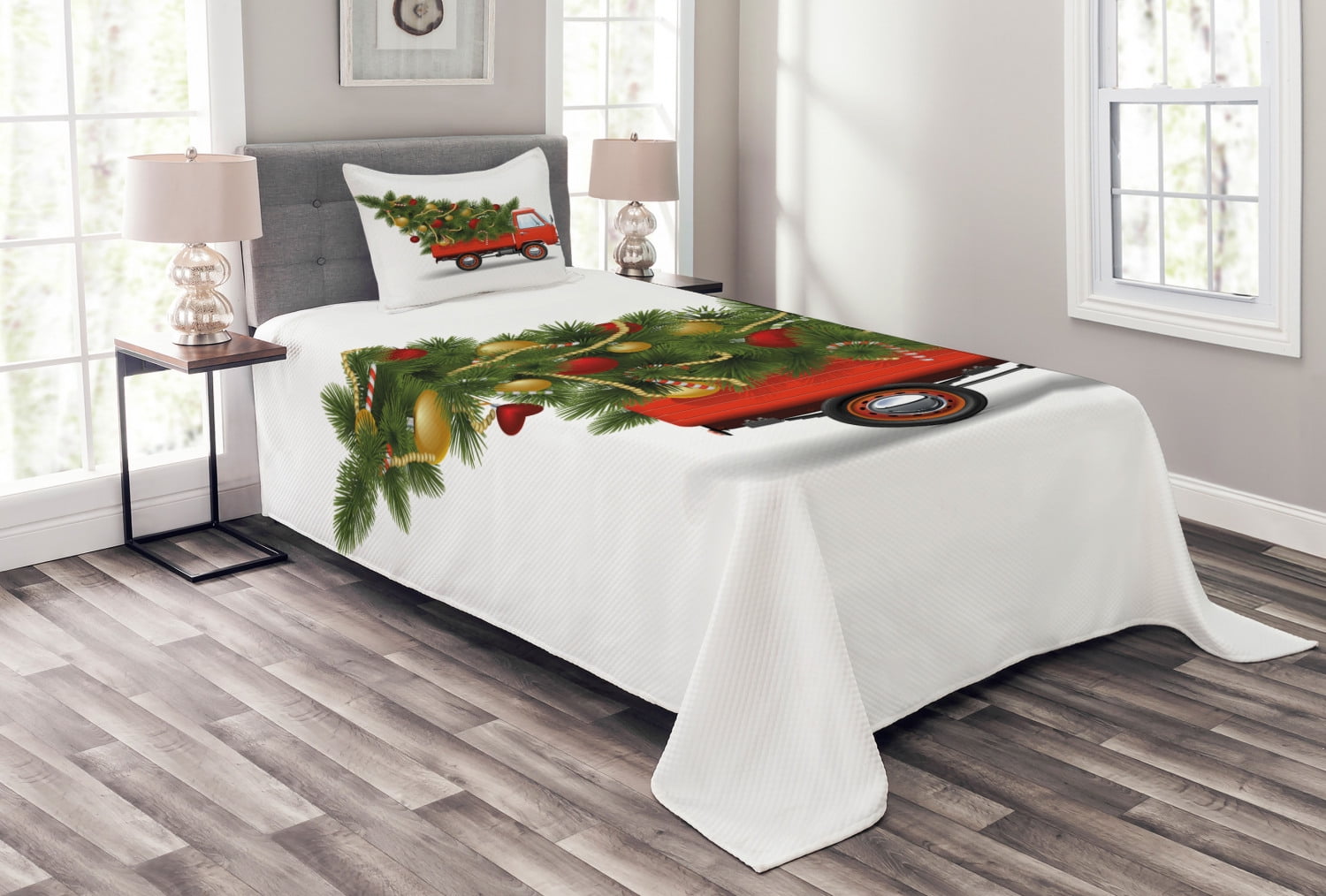 Christmas Bedspread Set Twin Size, Red Retro Style Farm Truck and Big