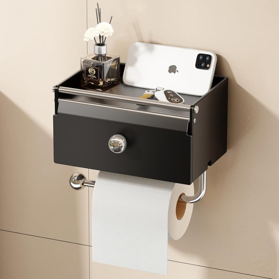 Toilet Paper Holder with Shelf, Flushable Wipes Dispenser for Bathroom, Adhesive Toilet Paper Roll Holder with Storage Wall Mount Stick On Bathroom Tissue Holder Front Flip Design (Matte Black)