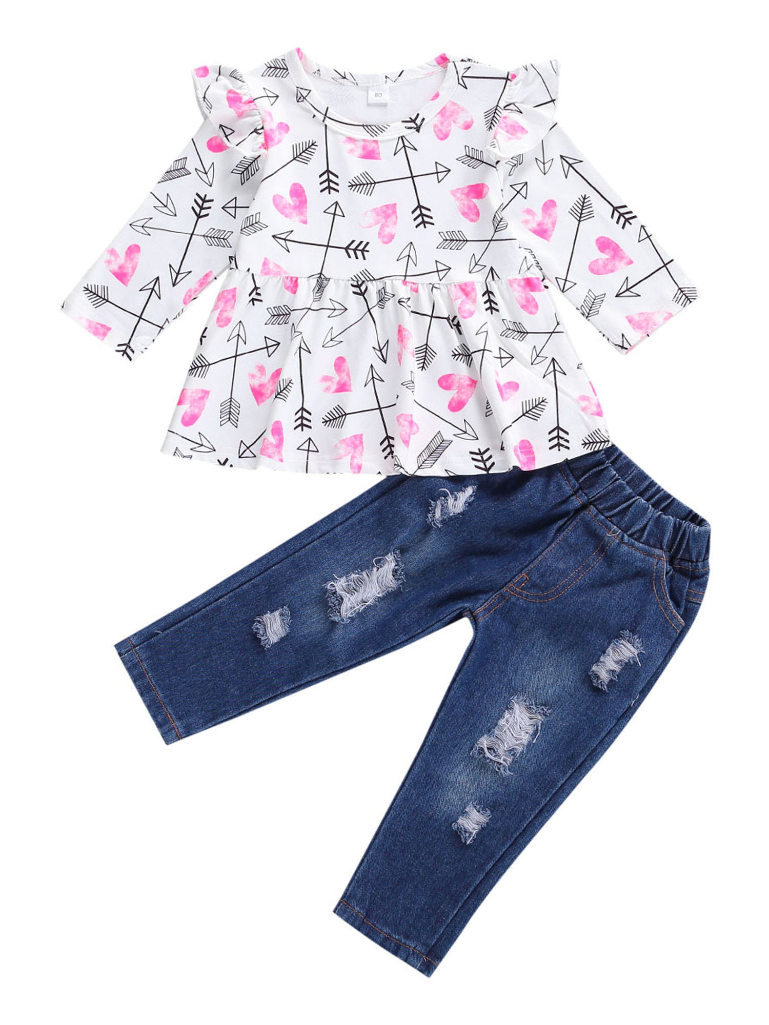 Infant Baby Kids Girls Floral Printing Short Sleeve Tops Jeans Denim Long Pant