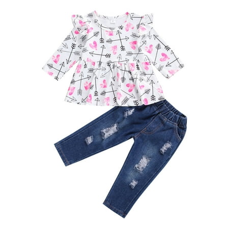 

One opening Baby Girl s Floral Long Sleeve Round Neck Top + Denim Pants Set