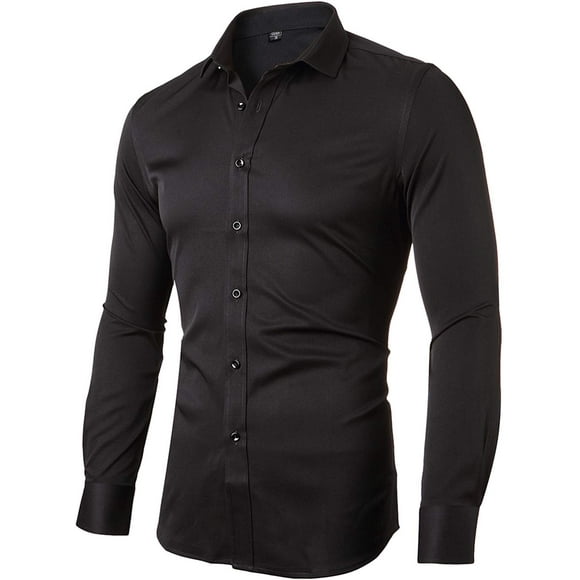 Mens Fiber Casual Button Up Slim Fit Collared Formal Shirts, Black, 15"Neck 32"Sleeve