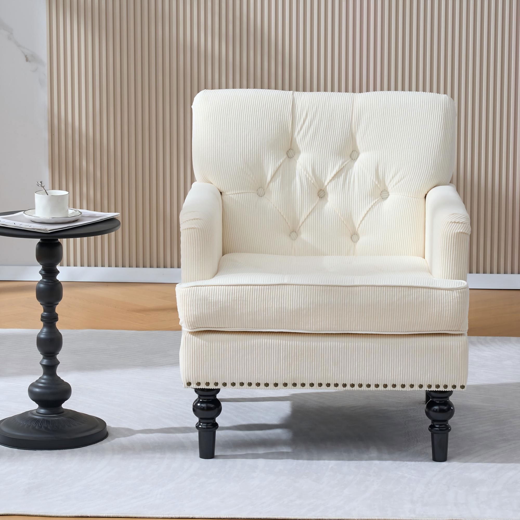 MAYEERTY Tufted Corduroy Accent Chair, Mid Century Upholstered Armchair with Rubber Wood Legs, for Living Room Bedroom Reading Nook