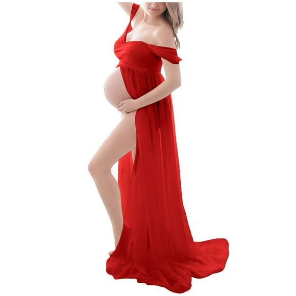 Diufon Maternity Off Shoulder Chiffon Maxi Dress Women's Elegant Slim Pregnants Gown for Wedding Party Photography