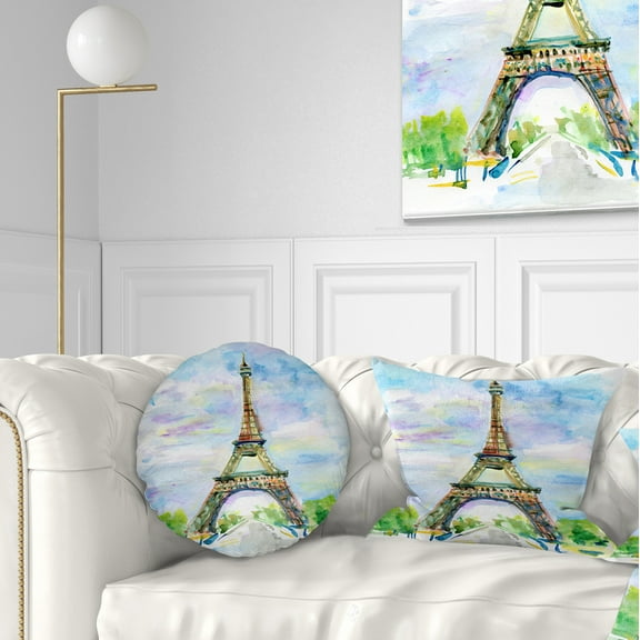 Designart Paris Eiffel Toweragainst Blue Sky - Watercolor Throw Pillow - 12x20