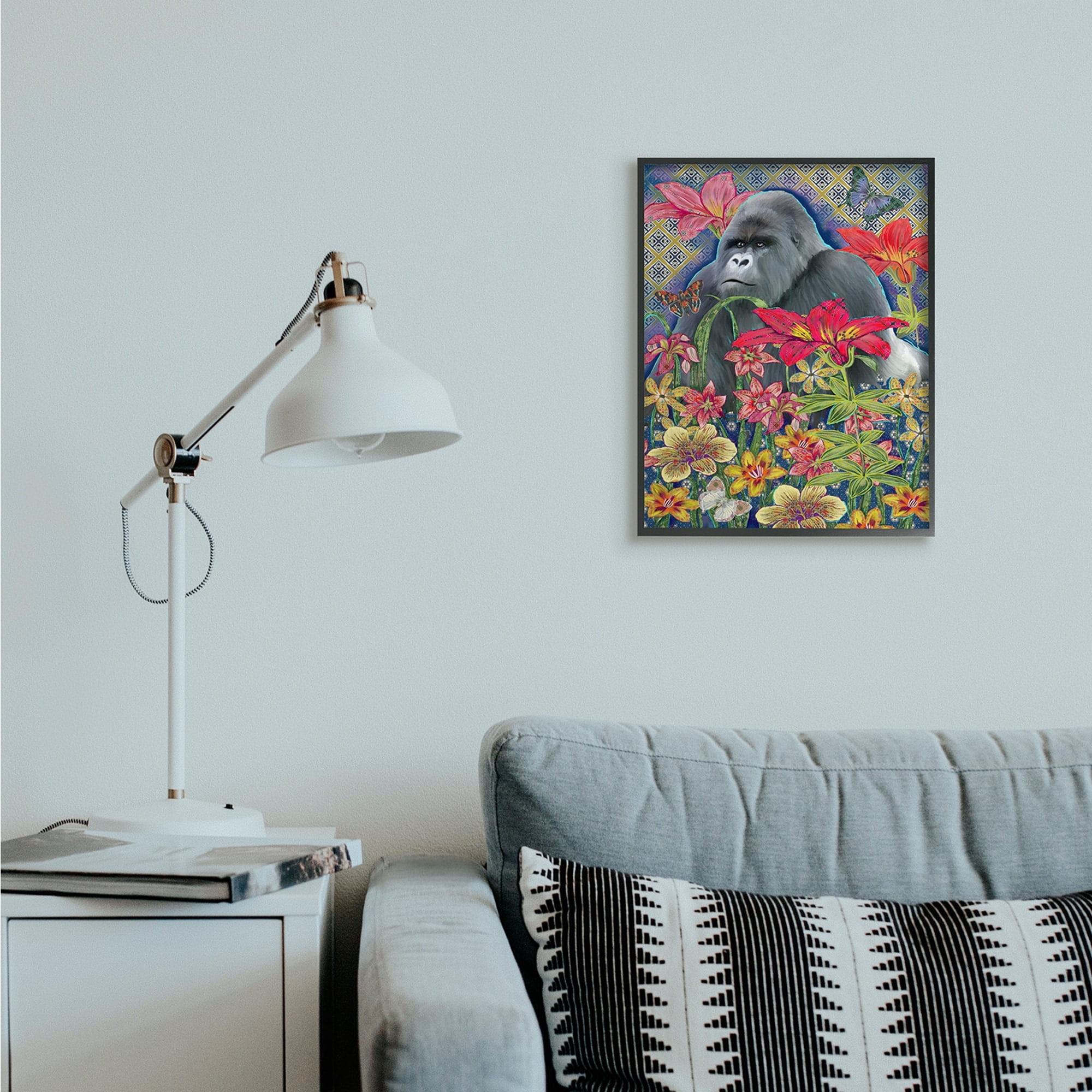 Stupell Industries Gorilla Standing Behind Tropical Florals Geometric Pattern Black Framed, 11 x 14, Design by Sangita Bachelet
