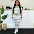 thumbnail image 2 of Short Sleeve Casual 2 Piece Striped Sets (XL, MultiYellow), 2 of 5