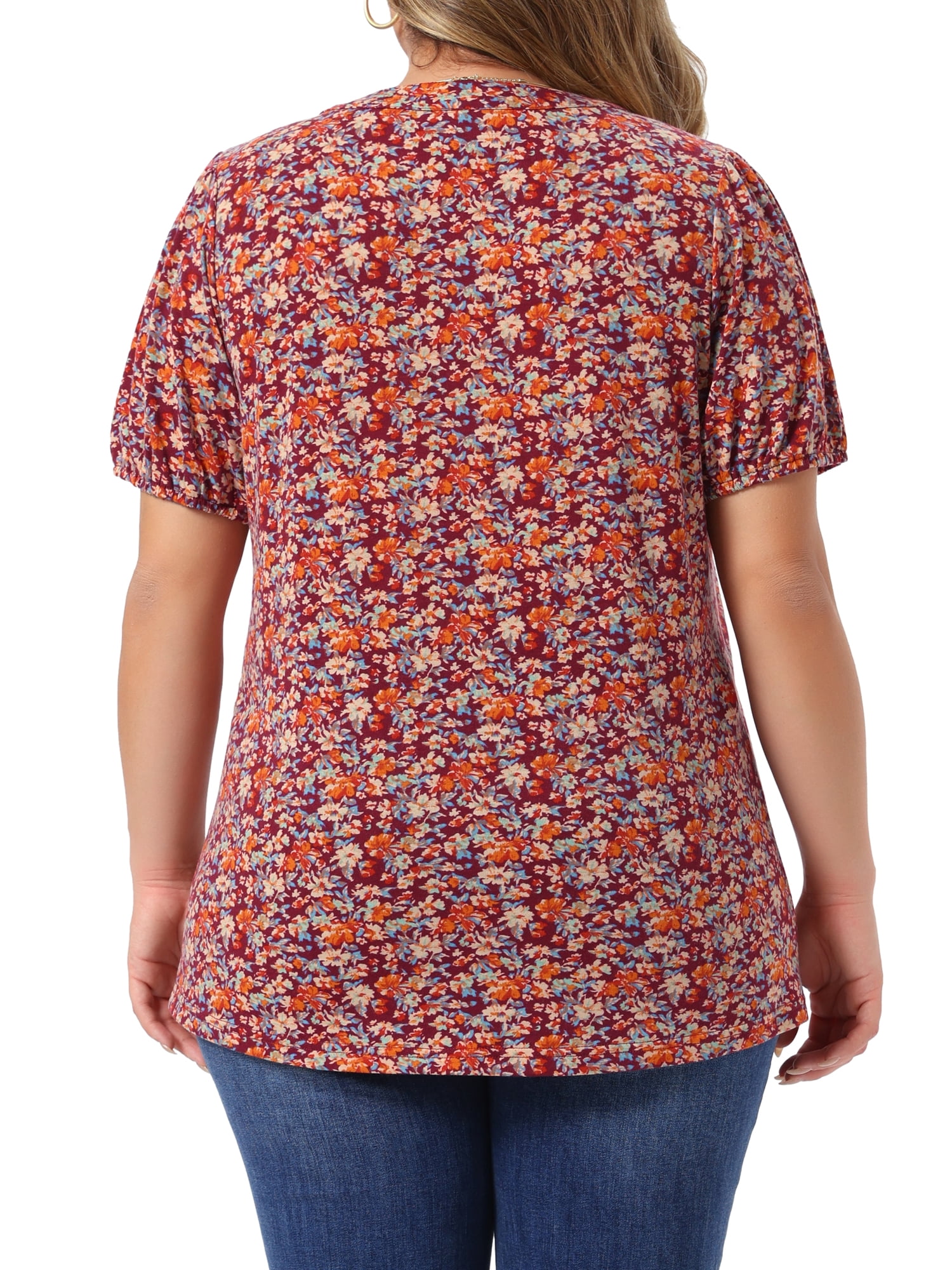 DARING DIVA Women's Plus  Pleated T-Shirts Notched V Neck Floral Tops 2X Wine Red