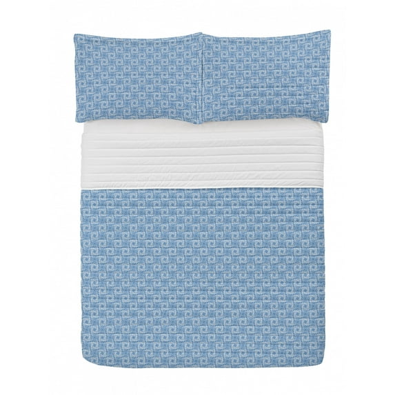 Mosaic Microfiber Bedspread Set, Interwined Symmterical Shapes in Monochrome Style Abstract Modern Patterns, Soft Bedding Set with Pillow Shams & Comforter, 3 Sizes, Ceil Blue and White, by Ambesonne