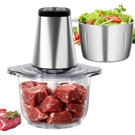 Electric Processor Vegetable , Easy Clean Meat with 2 Bowls (8 Cup Stainless Steel+8 Cup Glass), Small Mixer for Fruits/Meat/Nuts/Fish/Veggie//
