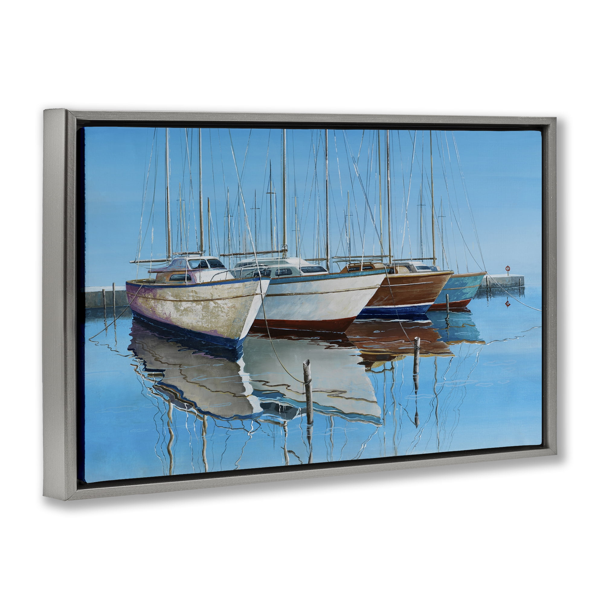 Stupell Industries Four Docked Boats Reflection Transportation Painting Gray Floater Framed Canvas Art Print Wall Art, 31 x 21