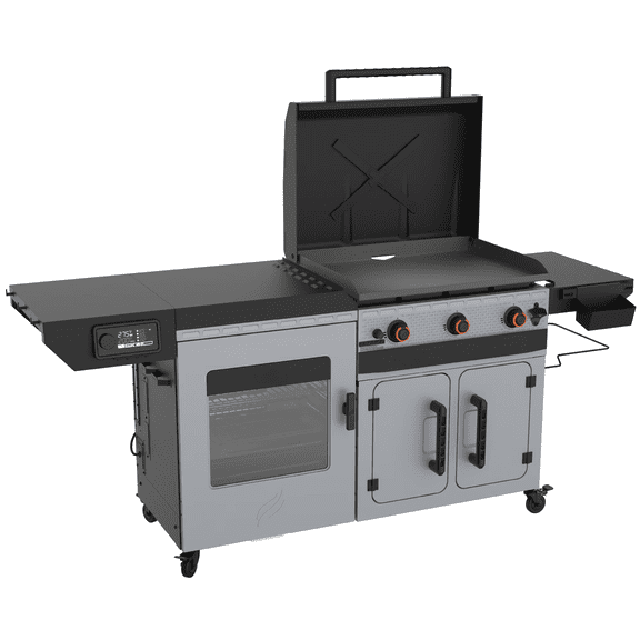 Outdoor Combo Griddle, 28 Inch XL 3-Burner Flat Top Grill with Vertical Smoker and Prep Cart, 3-in-1 Propane Griddle and Smoker Combo