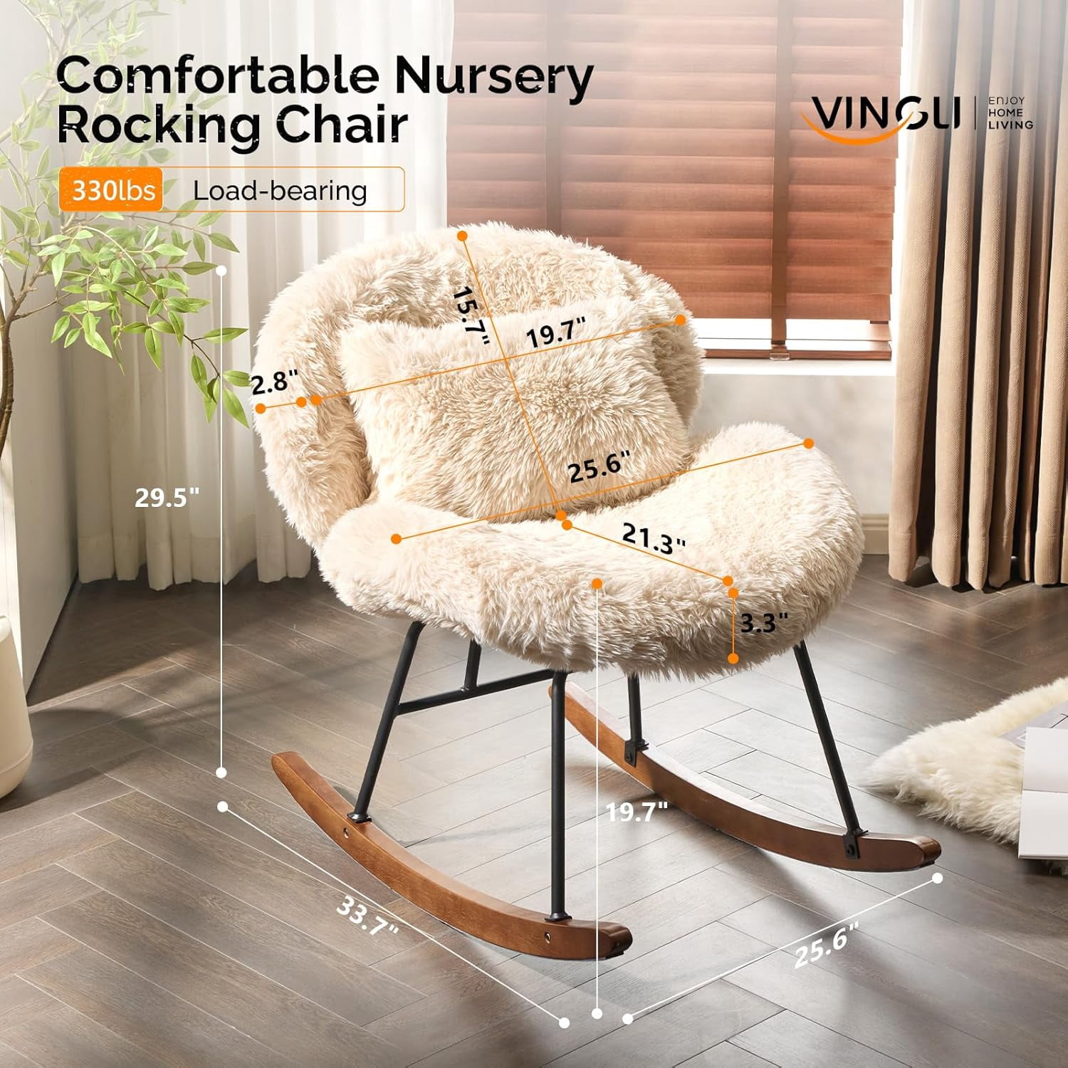 CHTER 25.6" Extra Wide Criss Cross Nursery Rocking Chair,Cute Curved 115° Reclining Armless Glider,Plush Small Rocker w/Pillow & Solid Wood for Indoor,Bedroom, Living Room,Fluffy Fleece,Sandy Beige