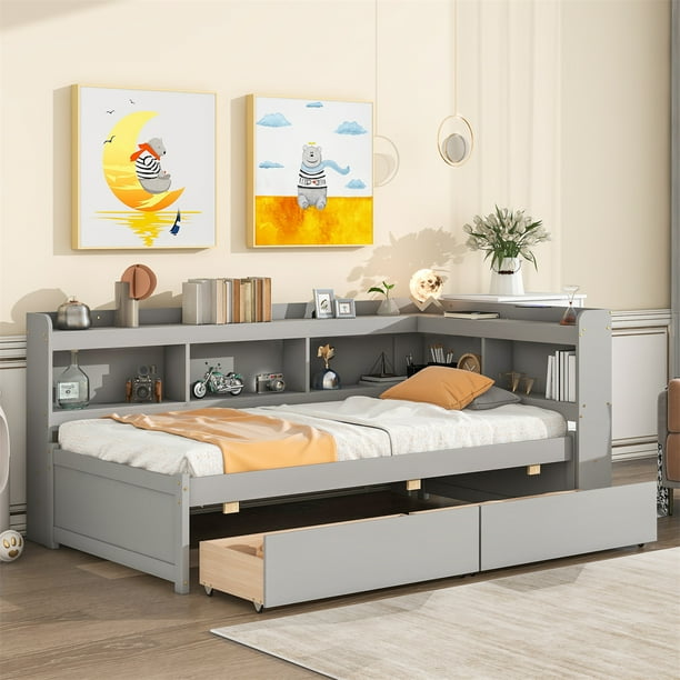 Twin Bed with LShaped Bookcases and Two Drawers,Solid Wood Platform