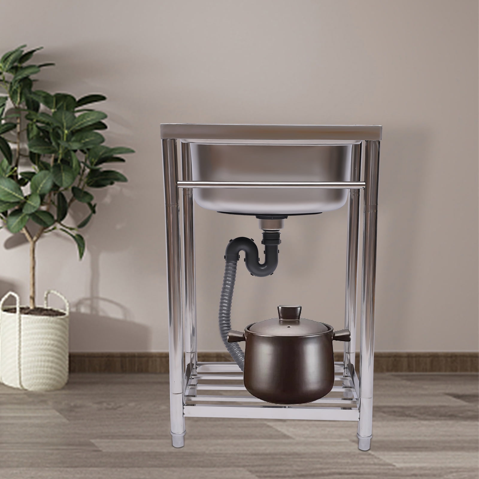 Freestanding Stainless Steel Utility Sink, Single Basin Commercial Kitchen Sink with Bottom Storage Shelf,  for Restaurant Bar