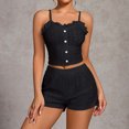 thumbnail image 2 of Erwazi Women Hollow Out Pajama Sets Spaghetti Strap Ruffle Tank Top Elastic Waist Shorts 2 Piece Loungewear Set, 2 of 5