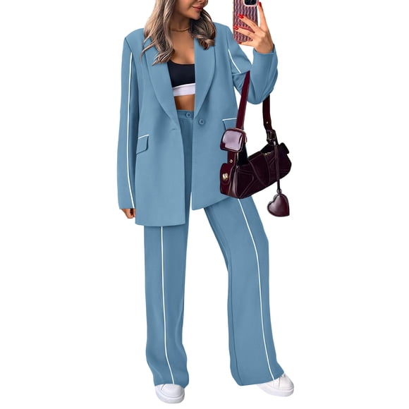 Traje PRETTYGARDEN Blazer Oversized Azul Medio Pantalones de Pierna Ancha