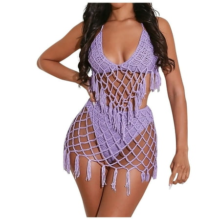 TMOYZQ Women s Cover Up Sets Halter Tie Back Fringe Hollow Out Knit Swimsuit 2 Piece Beach Bikini Sets Coverup