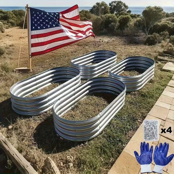 WELKA 4 Pack Galvanized Metal Raised Garden Bed, 4ft×2ft×1ft Oval Elevated Planter Box, Open Bottom Metal Raised Bed for Vegetables, Herbs, Flowers, Backyard Patio Outdoor Gardening
