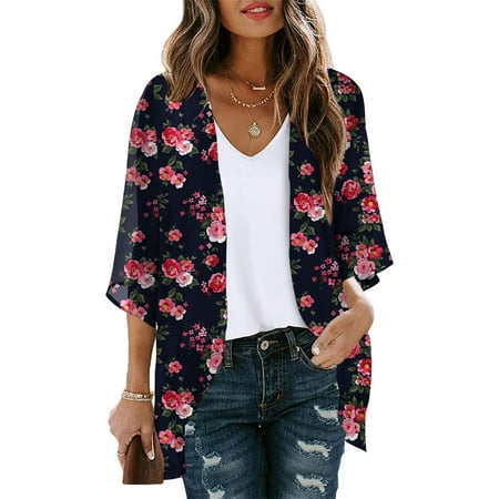 Up to 65% off Pitauce Women s Sheer Chiffon Puff Sleeve Kimono Cardigan Floral Print Casual Loose Open Front Sun Protection Blouses Tops Plus Size Bikini Cover Up on Clearance