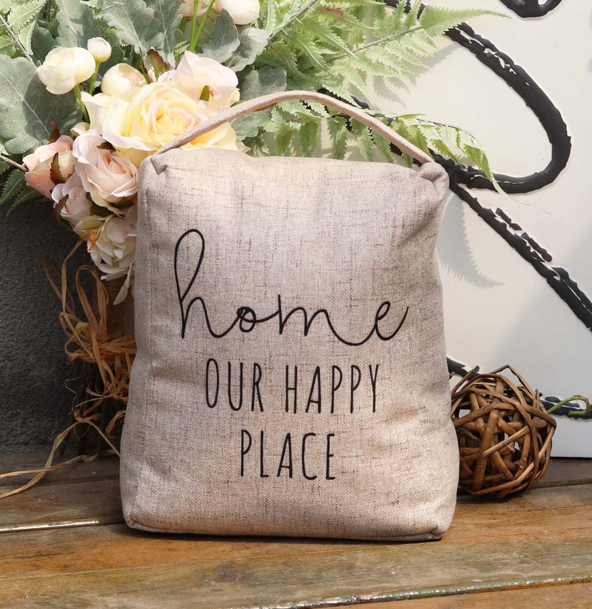 Parisloft Home Our Happy Place Fabric Door Stop with Handle, Decorative Weighted Door Stopper for Bedroom, Living Room, Exterior Doors
