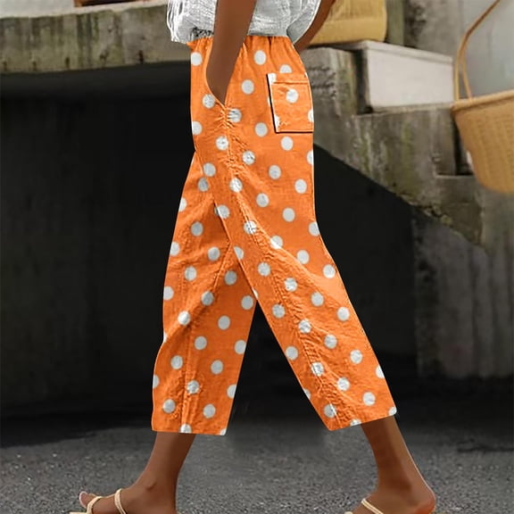 Zysthvn Casual Women Capri Pants Polka Dot Plus Size Straight Leg Womens Crop Pants Drawstring with Pockets Loose