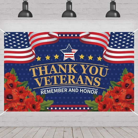 Veterans Day decoration photos: Red poppies, Veterans Day banner, background, commemoration and tribute decorations and party supplies