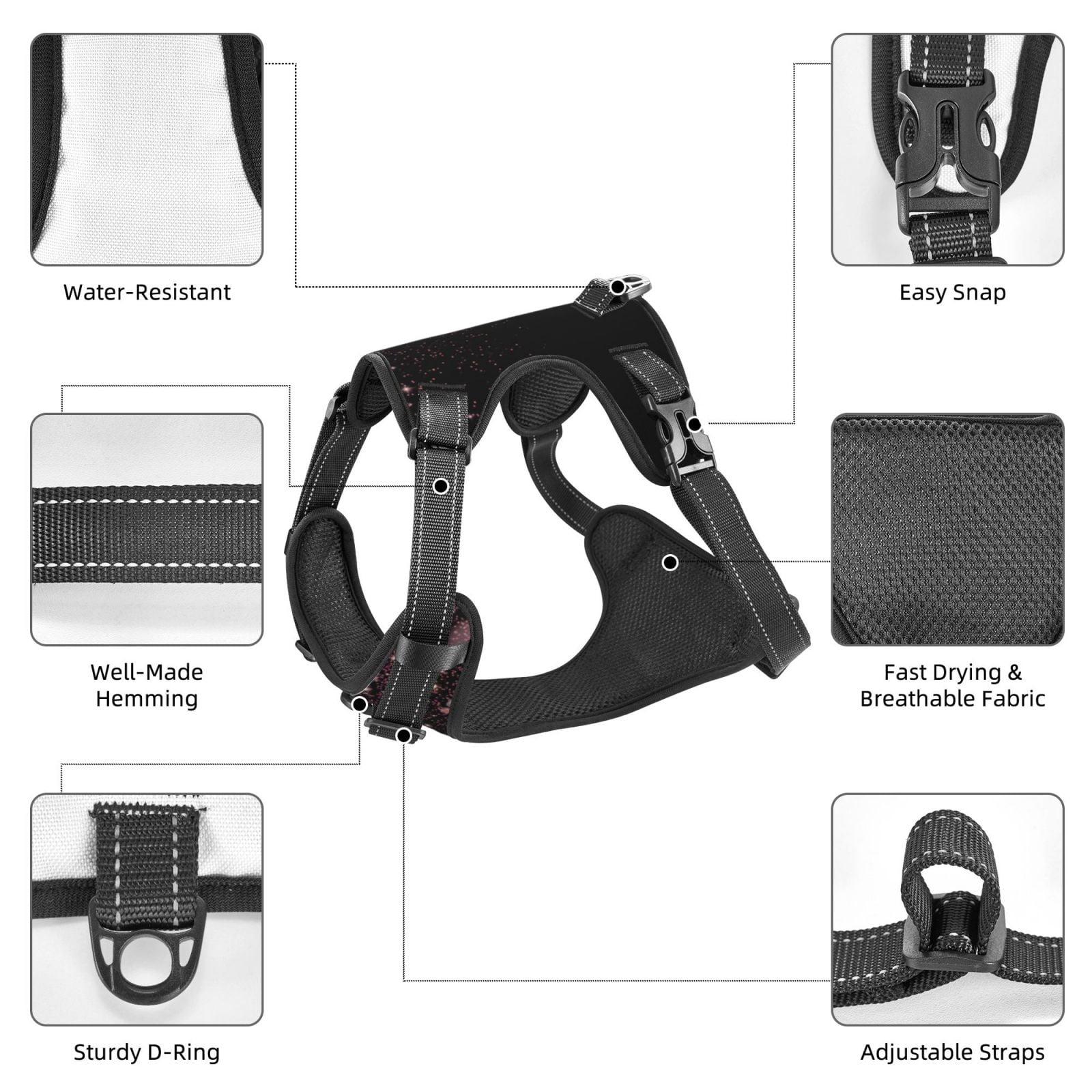 Fuzoiu Sparkling Pink Night Sky Print Reflective Dog Harness,Adjustable, Breathable Pet Vest,Dog Harness No Pull,No Choke Pet Vest for Small, Medium, and Large Dogs-Large
