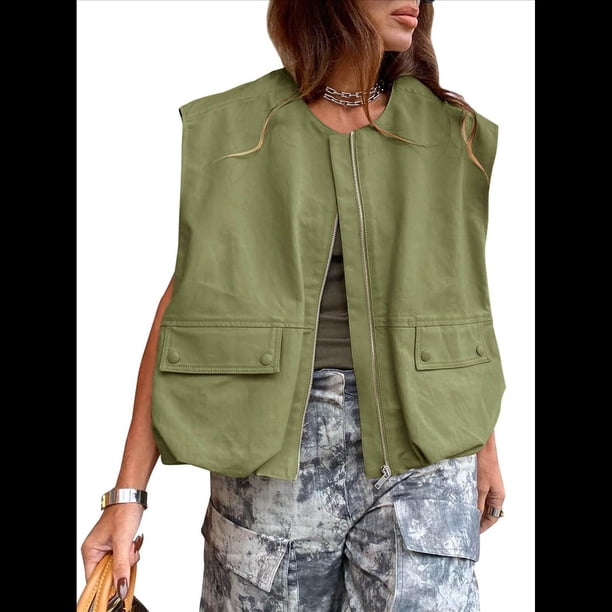Chaleco Informal con Cremallera para Mujer, Estilo Cargo, Extragrande, con Dobladillo Fruncido, Sin Mangas, Chaquetas y Tops. Verde L