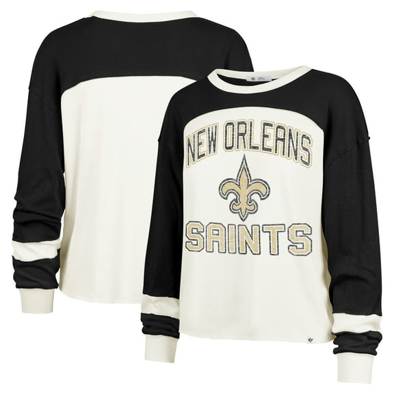 Women's '47 Cream New Orleans Saints Double Header Curve Raglan Long Sleeve Crop Top
