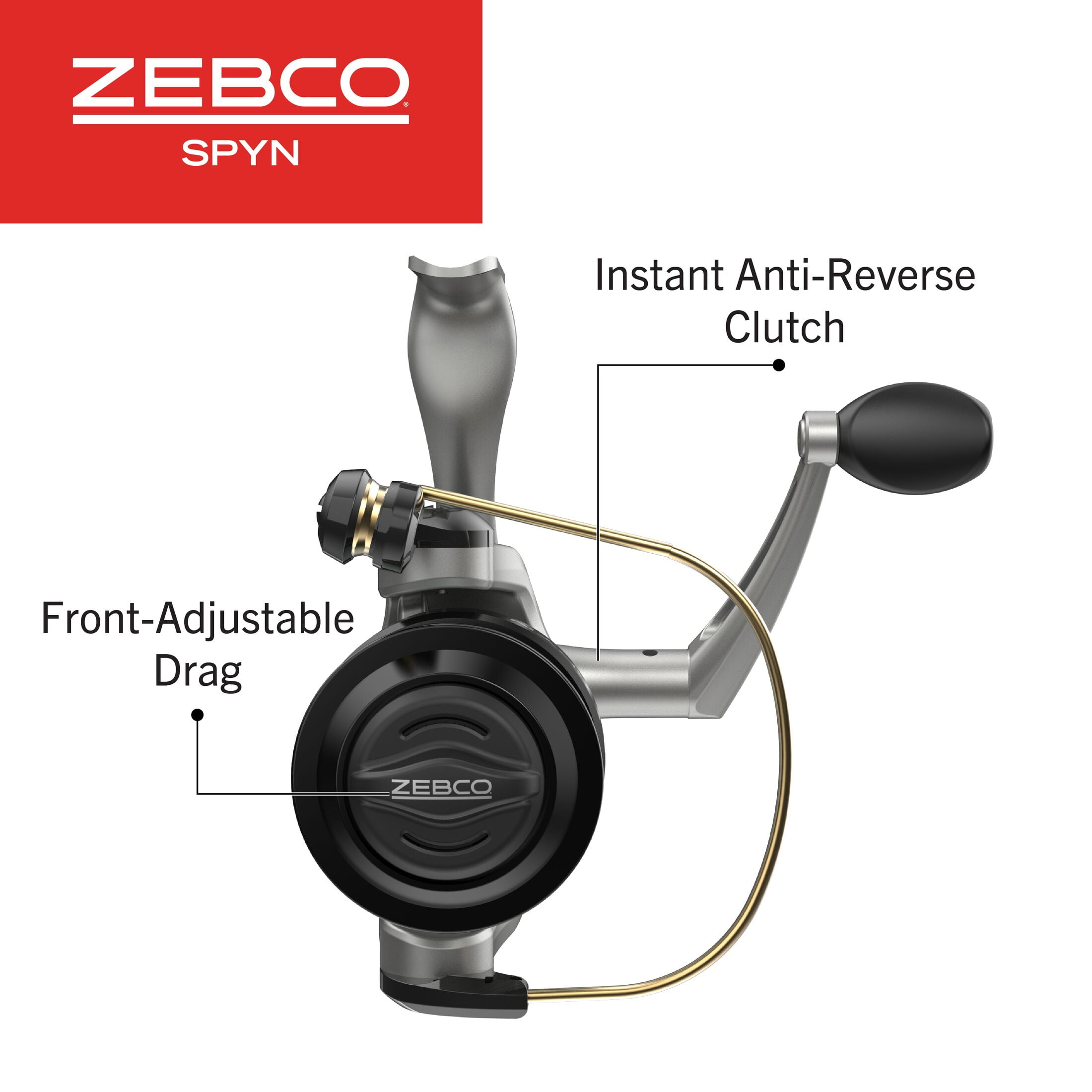 Zebco Spyn Spinning Fishing Reel, Size 20 Reel, Aluminum Spool, Super Tough Titanium-Nitride Plated Bail Wire, 5.3:1 Gear Ratio, Pre-Spooled with 8-Pound Zebco Line, Silver/Black (Clam Packaging)