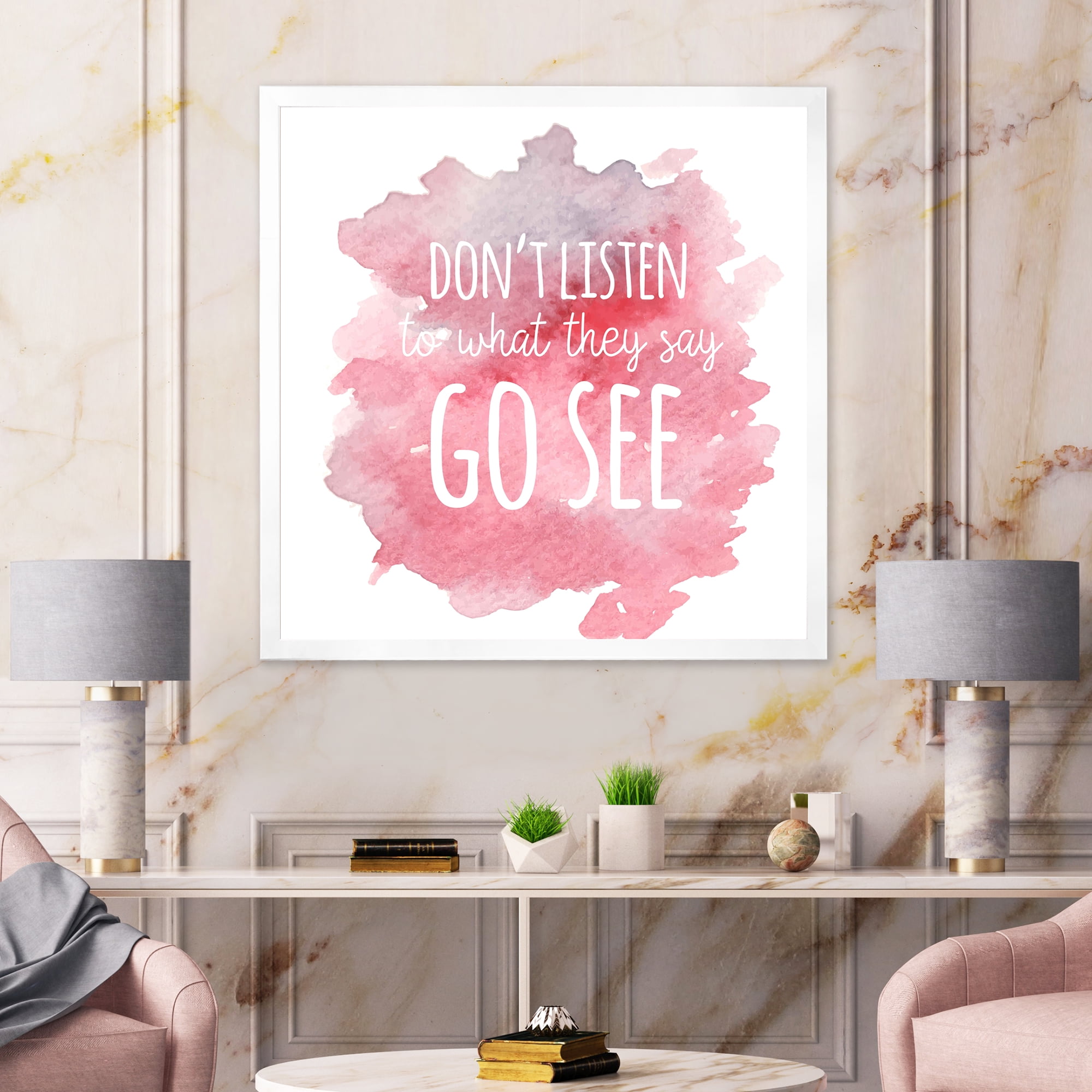 Designart 'Don't Listen To What They Say Go See On Pink Background' Traditional Framed Art Print