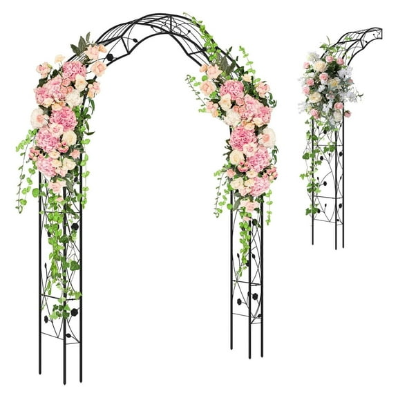 Garden Arch, Heavy Duty Galvanized Steel Arbor w/ 7 Sizes & Metal Flower Leaf Decoration, Outdoor Garden Trellis for Climbing Plants Rose Vines & Wedding Party Ceremony