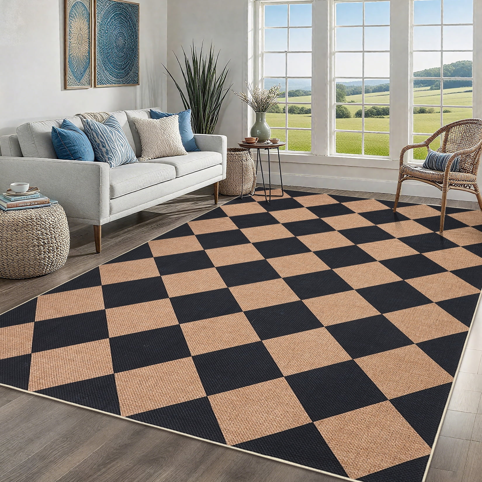 Haperlare 5'x7' Washable Jute Area Rugs Checkered Carpet, Non Slip Low Pile Rug Contemporary Indoor Outdoor Floor Mats for Living Room Bedroom Backyard, Black Coffee
