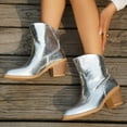 thumbnail image 4 of Rokment Metallic Wide Calf Boots for Women 2025 Fall Winter Fashion Leather Pointed Toe Chunky Stackable High Heel Cowboy Cowgirl Short Dress Ankle Booties Silver Size 8.5, 4 of 7