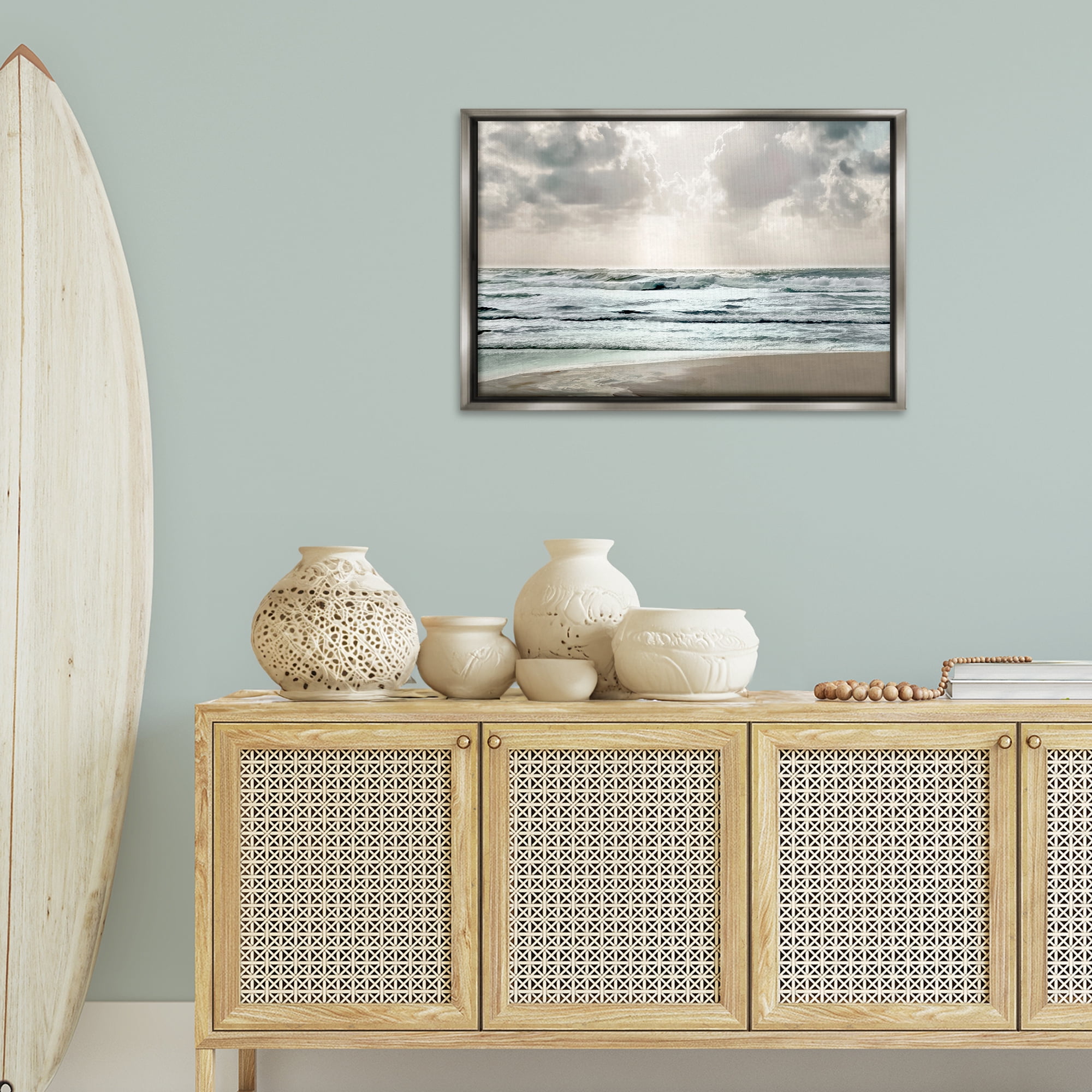 Stupell Industries Cloudy Sunlight Beach Landscape Photography Gray Floater Framed Canvas Art Print Wall Art, 31 x 21