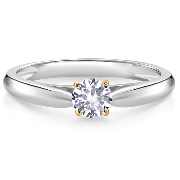 Gem Stone King 925 Silver and 10K Yellow Gold Ring White Created Sapphire Solitaire Engagement Ring for Women (0.25 Cttw, Gemstone September Birthstone, Round 4MM, Size 8)