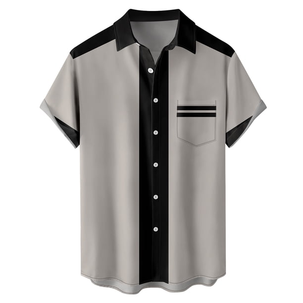 Camisas Vaqueras Para Hombre Camisas con estampado de rayas de tendencia de verano para hombres, camisas con botones de manga corta, blusa, blusa informal suelta con solapa, ropa para (Grey, XXL)
