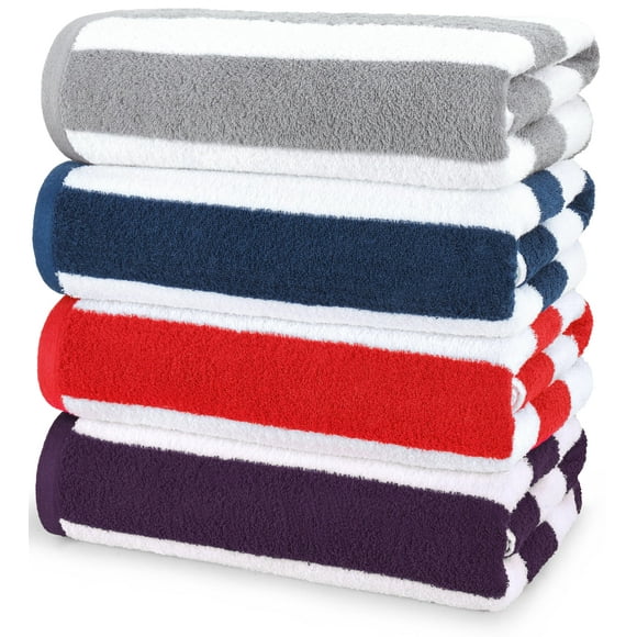Utopia Towels Cabana Stripe Beach Towel Oversized 100% Ringspun Cotton Pool Towels Highly Absorbent Bath Towels for Bathroom (Red Navy Grey & Plum 30X60 Inch - 4 Pack)