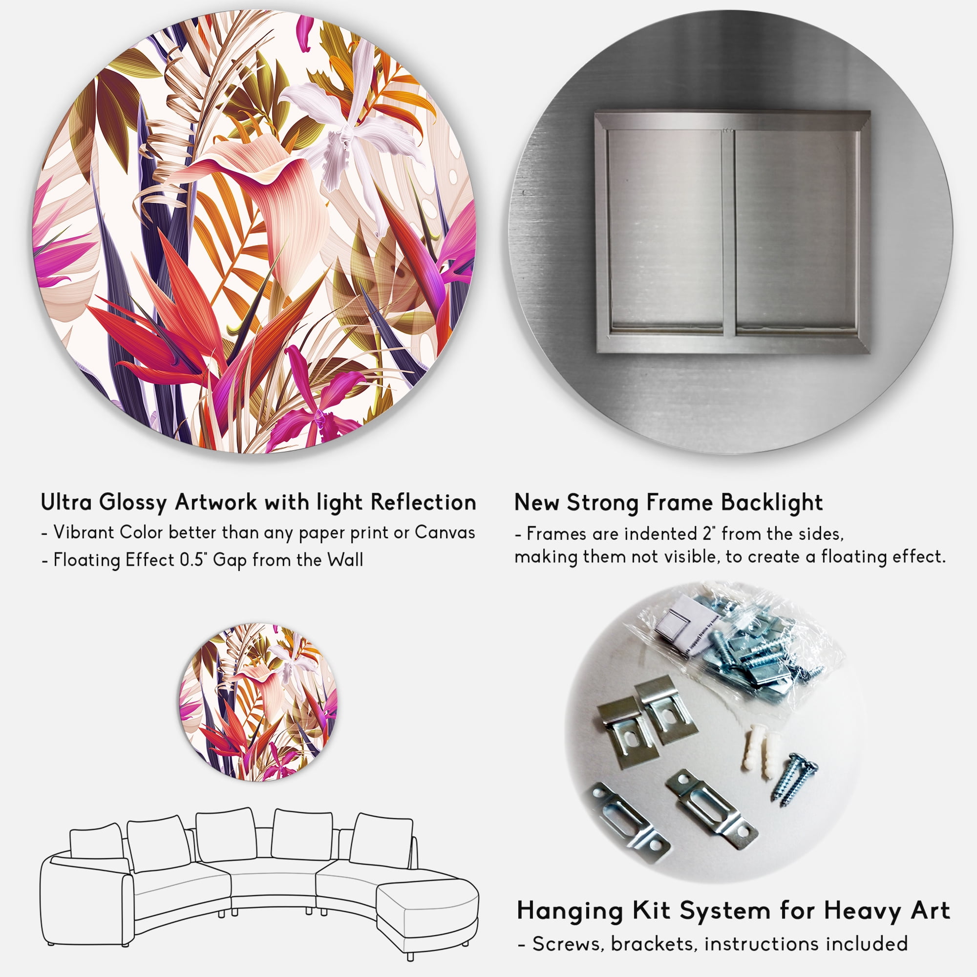 Designart 'VIntage Tropical Flowers III' Traditional Circle Metal Wall Art 29x29 - Disc of 29